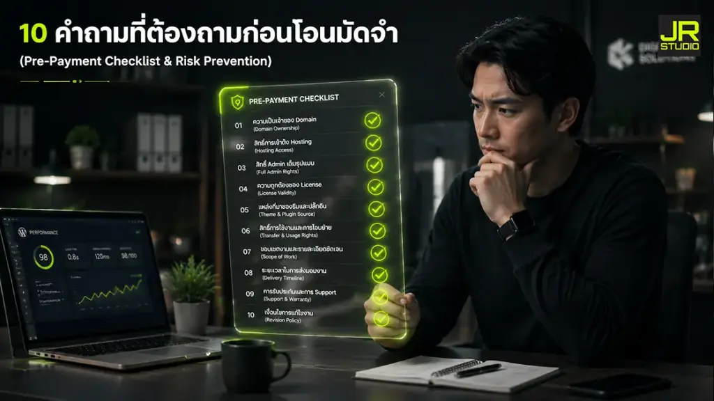ภาพอินโฟกราฟิกผู้ประกอบการกำลังตรวจสอบรายการเช็คลิสต์ 10 คำถามสำคัญก่อนโอนมัดจำจ้างทำเว็บไซต์