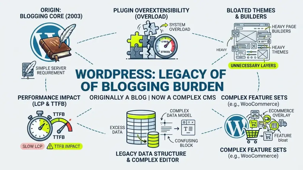 แผนภาพแสดงภาระมรดกจากการเป็นบล็อกเกอร์ของ WordPress ที่ทำให้เว็บช้า ทั้งจากปลั๊กอินที่มากเกินไป ธีมที่หนัก และชุดฟีเจอร์ที่ซับซ้อน เช่น WooCommerce