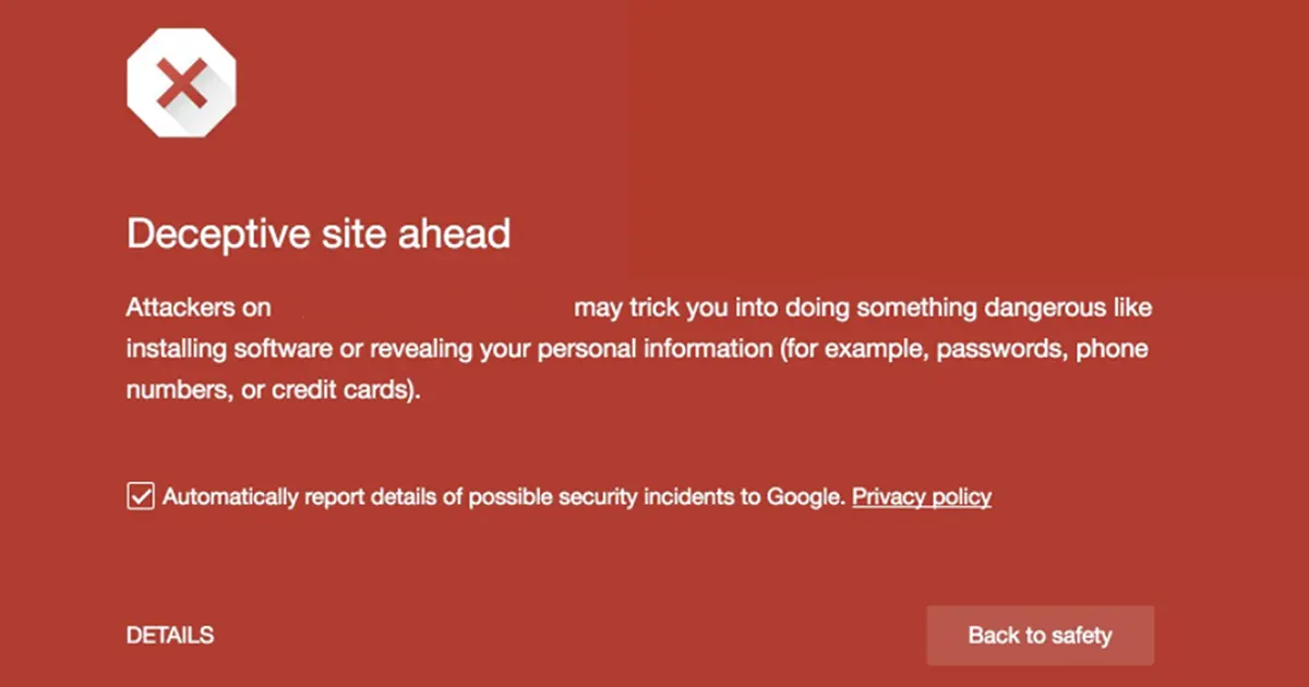 หน้าจอแสดงแจ้งเตือน deceptive site ahead warning