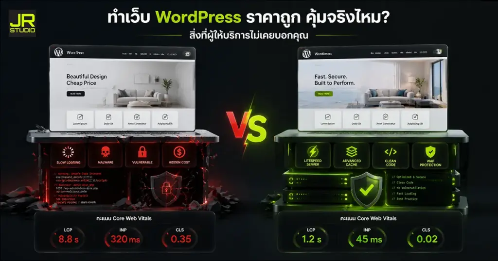 ภาพอินโฟกราฟิกเปรียบเทียบทำเว็บ WordPress ราคาถูกกับเว็บโครงสร้างคุณภาพ แสดงความเสี่ยงจากมัลแวร์และเว็บช้า เทียบกับความเร็ว Core Web Vitals และความปลอดภัยระดับเซิร์ฟเวอร์