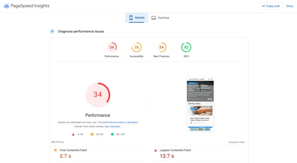 หน้าจอที่แสดงถึงคะแนน page speed insight ที่ได้คะแนนน้อยมาก