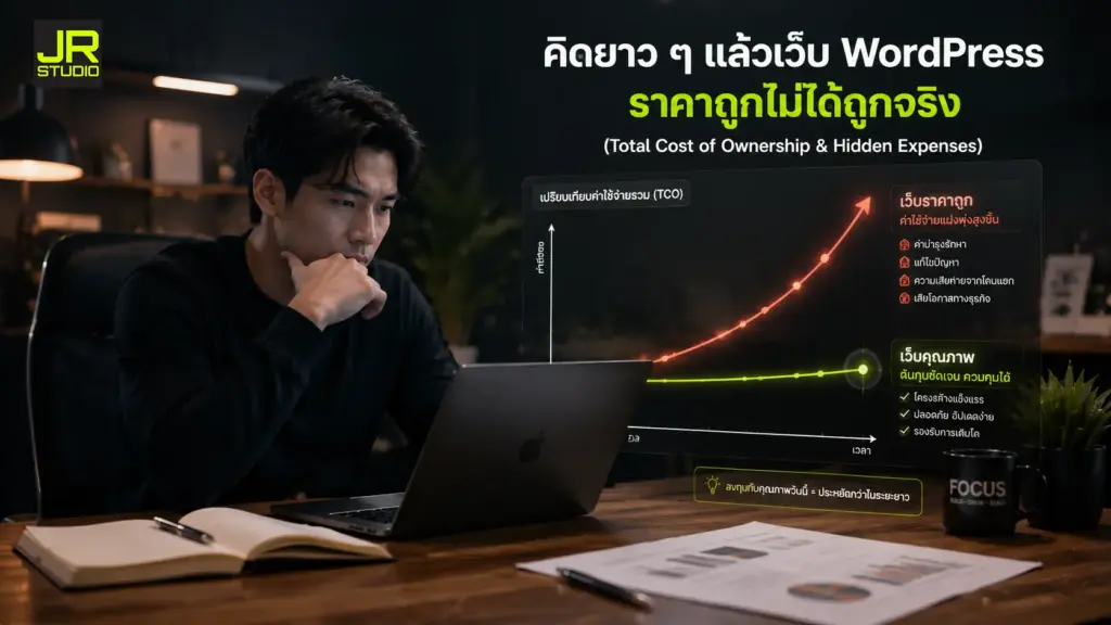 ภาพผู้ประกอบการกำลังครุ่นคิดหน้าคอมพิวเตอร์พร้อมกราฟเปรียบเทียบค่าใช้จ่าย แฝงข้อคิดคิดยาวๆ แล้วเว็บ WordPress ราคาถูกไม่ได้ถูกจริง