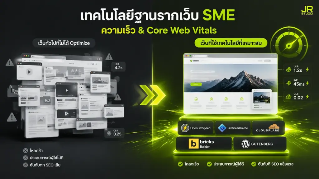 อินโฟกราฟิกเปรียบเทียบเทคโนโลยีฐานรากเว็บ SME ระหว่างเว็บช้าทั่วไป กับเว็บที่ปรับแต่งด้วย OpenLiteSpeed, LiteSpeed Cache, Cloudflare, Bricks Builder และ Gutenberg เพื่อค่า Core Web Vitals ที่ดีกว่า