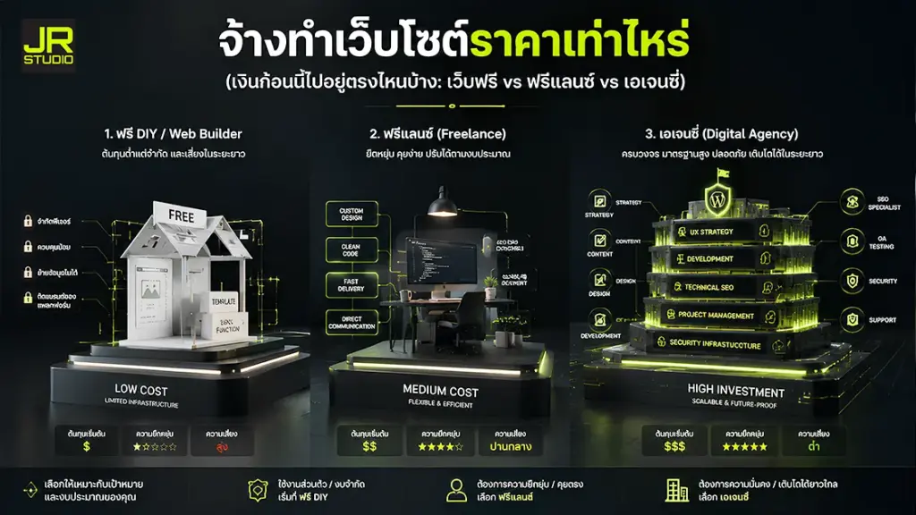 อินโฟกราฟิก 3D เปรียบเทียบโครงสร้างราคาและสิ่งที่ได้รับจากการทำเว็บไซต์ ระหว่างเว็บสำเร็จรูปฟรี ฟรีแลนซ์ และบริษัทเอเจนซี่