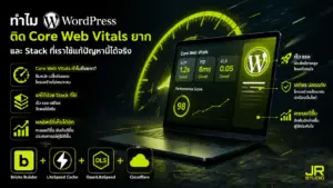 ภาพหน้าจอแสดง logo WordPress และข้อความประกอบว่า "ทำไม WordPress ติด Core Web Vitals ยาก"