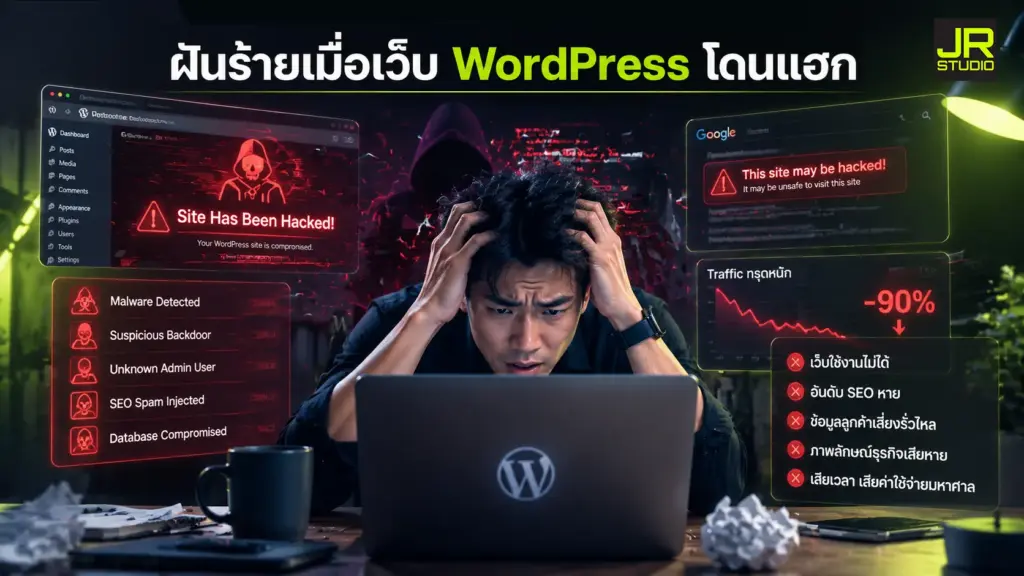 ภาพของผู้ประกอบการที่กำลังเครียดเพราะว่าเว็บโดนแฮ็ก